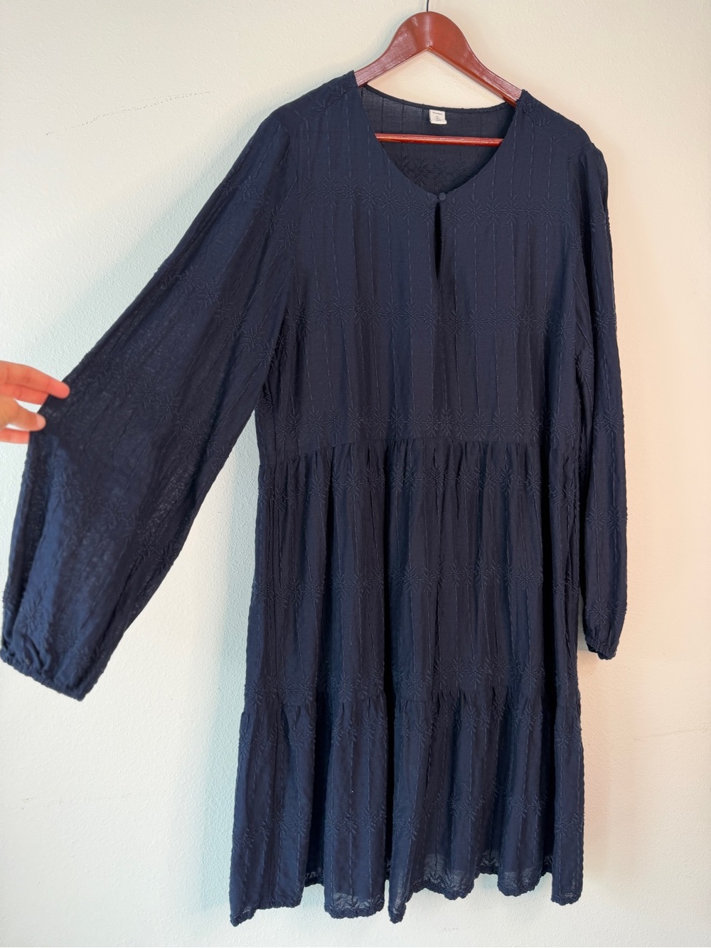 Old Navy Navy Blue Tiered Embroidered Babydoll Dress XL Tall Boho Balloon Sleeve